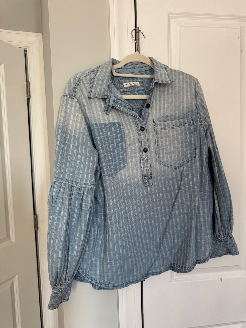 Free People Light Wash Blue Striped Button Pullover Shirt